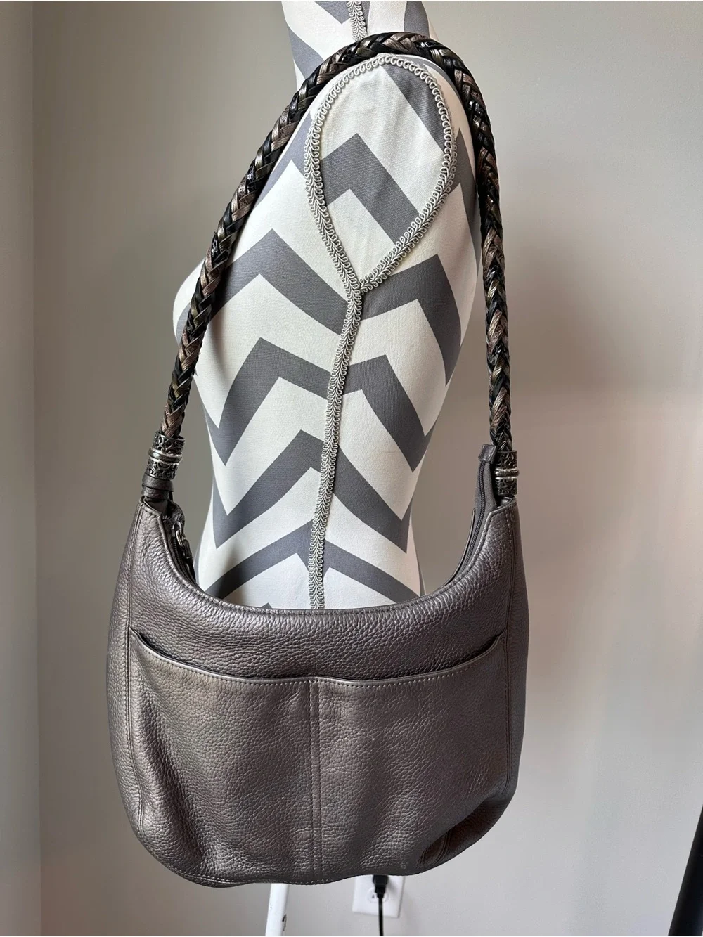 Brighton Pewter Metallic Grey Leather Barbados Ziptop Hobo Shoulder Bag Tassel